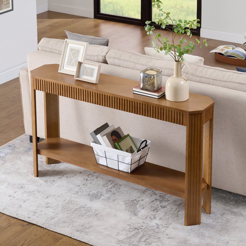 Fluted Wood Console Table - 56 Inch Entryway Table with Storage Shelf