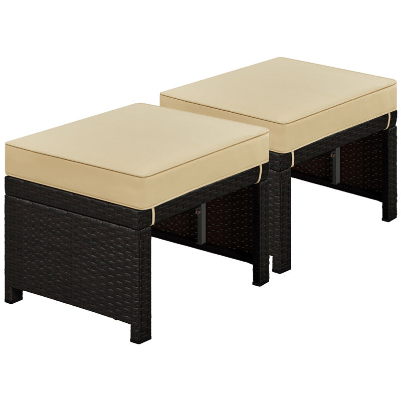 2PCS Wicker Ottomans with Removable Cushion for Outdoor Patio