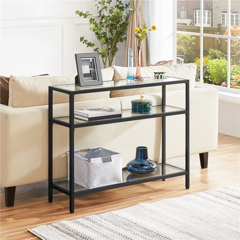 3-Layer Modern Tempered Glass Console Table - Black