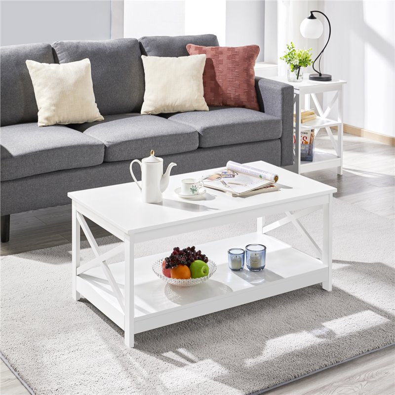 Modern 2-Tier Coffee Table with Storage Shelf - White