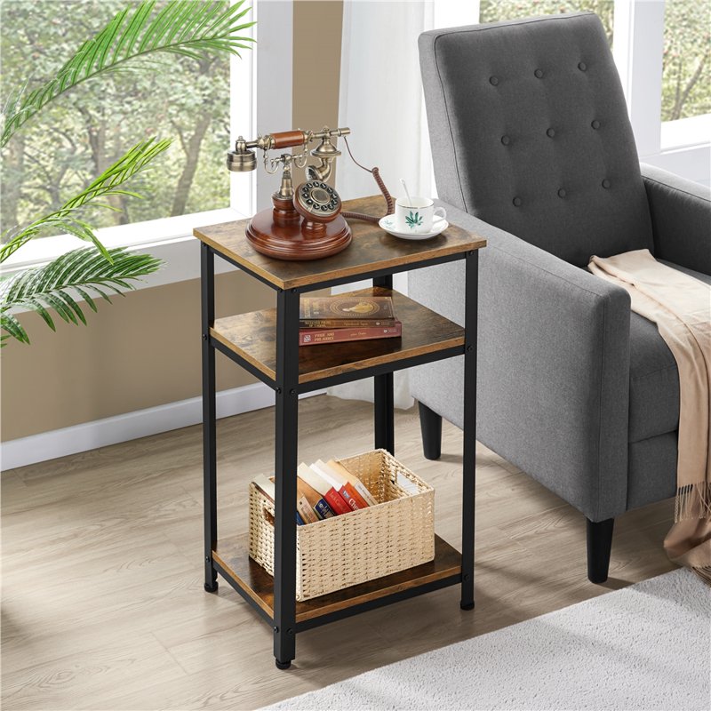 3-Tier Wooden End Table with Metal Frame - Rustic Brown