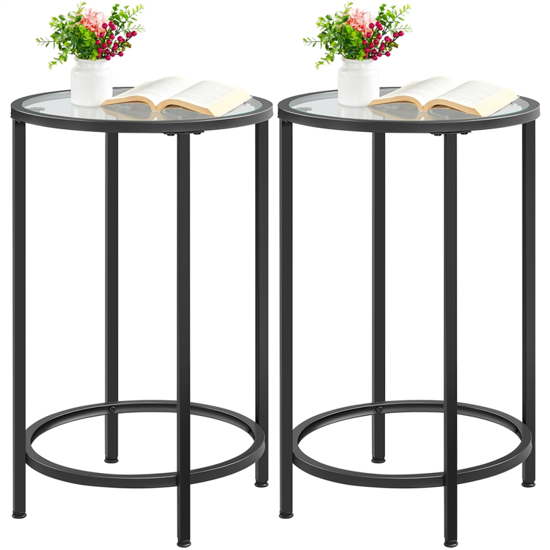 Round Metal End Tables with Glass Top - Set of 2, Black