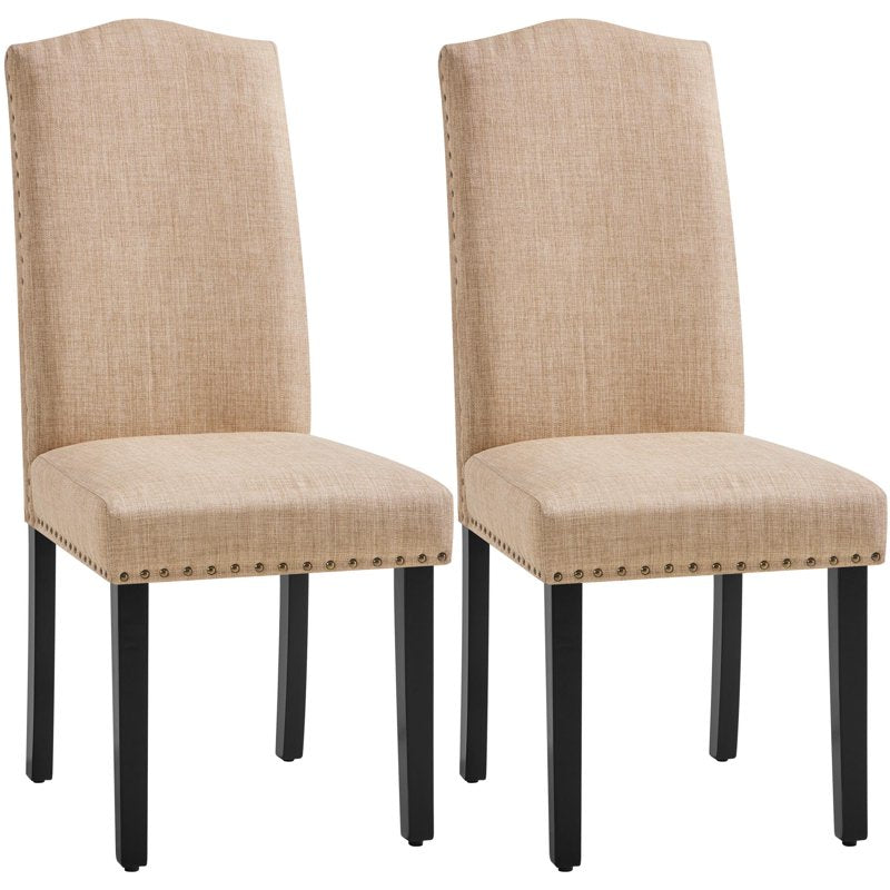 High Back Dining Chair Set of 2 with Solid Wood Legs - Khaki