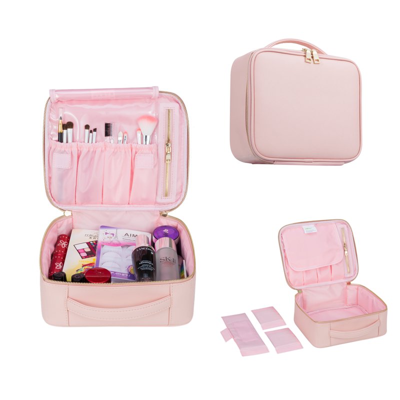 9.8" Makeup Train Case - Lightweight PU Leather Organizer, Pink