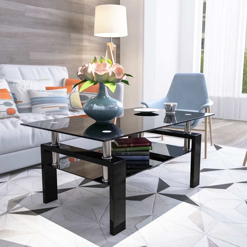 Modern Glass Coffee Table - 39.2" Rectangle, Black