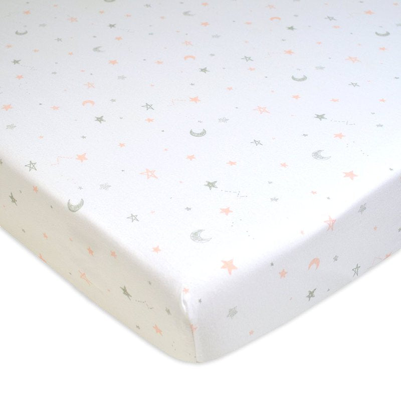 Mini Crib Sheet Pink Stars and Moons - 100% Cotton Fitted 38x24 Inches - Baby Nursery Bedding