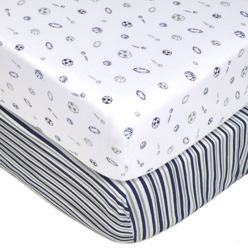 Fitted Crib Sheets 2 Pack - 100% Cotton, Breathable & Hypoallergenic - Navy/Grey Soccer Stripes