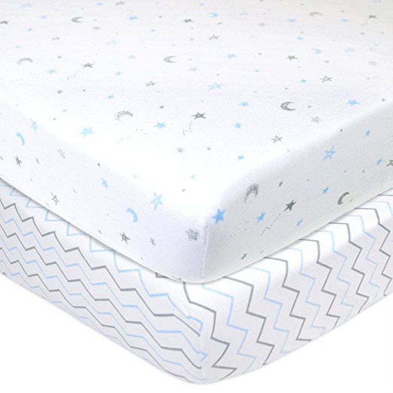 Crib Sheets 2 Pack - 100% Cotton Fitted Bed Sheets for Baby Cribs & Toddler Beds, Blue Stars & Zigzag, 52 x 28 Inches