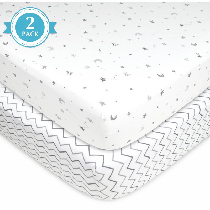 Fitted Crib Sheets 2 Pack - 100% Cotton, Hypoallergenic, Gray Stars & Zigzag, 52x28 Inches - Soft & Breathable Baby Bedding