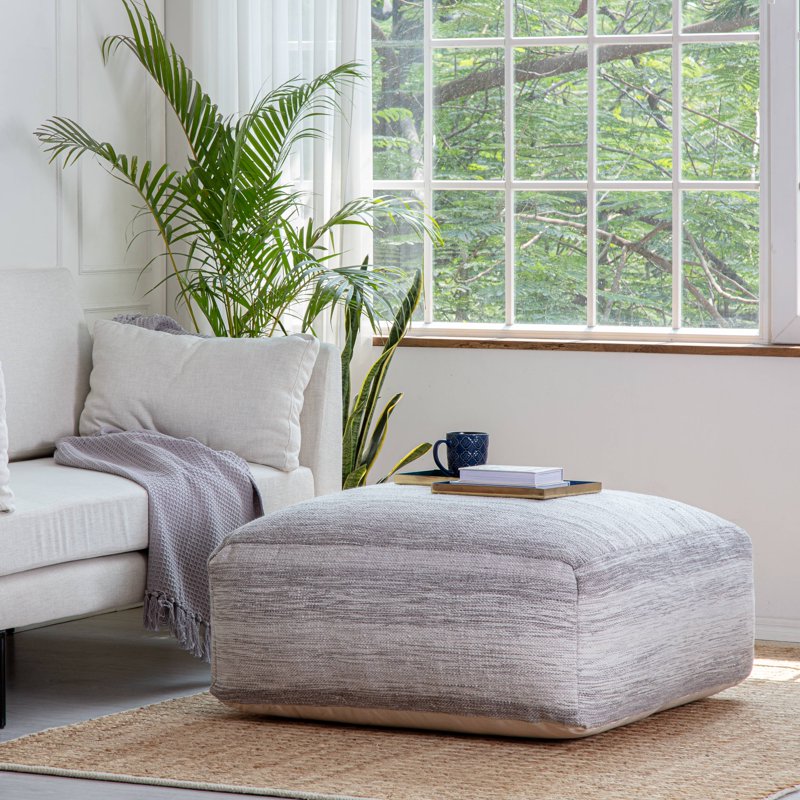 Anji Mountain Cotton Polyester Square Poufs - Gray & Ivory Handmade Ottoman
