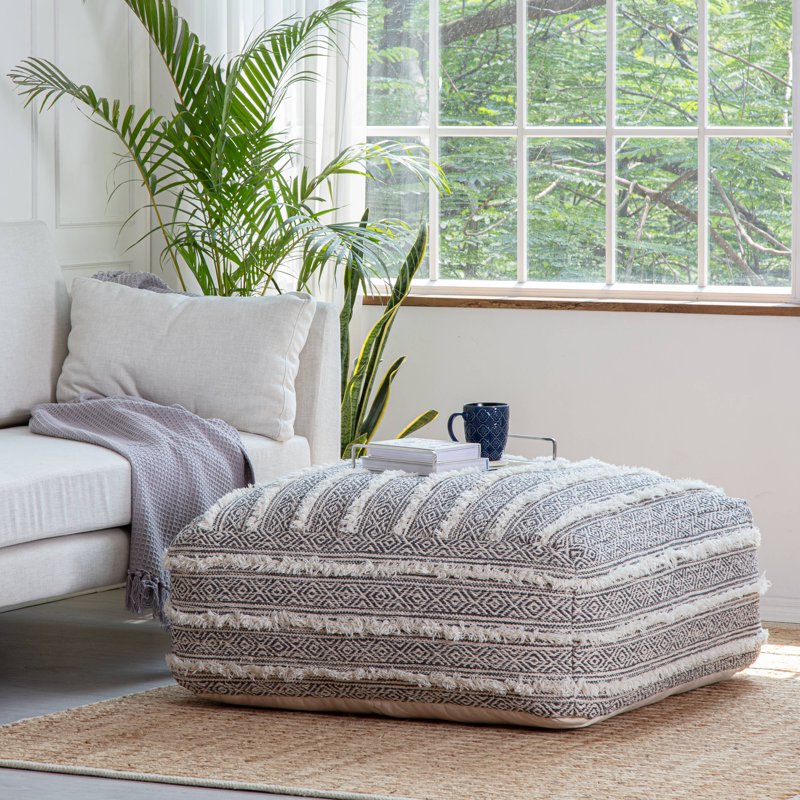 Anji Mountain Cotton Square Pouf - Ivory & Gray Handmade Ottoman