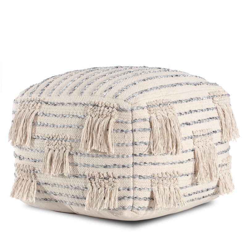 Beige Anji Mountain Cube Striped Woven Pouf - Handcrafted Style & Durable Comfort