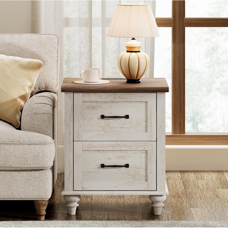 Antique White End Table with Charging Station & 2 Drawers