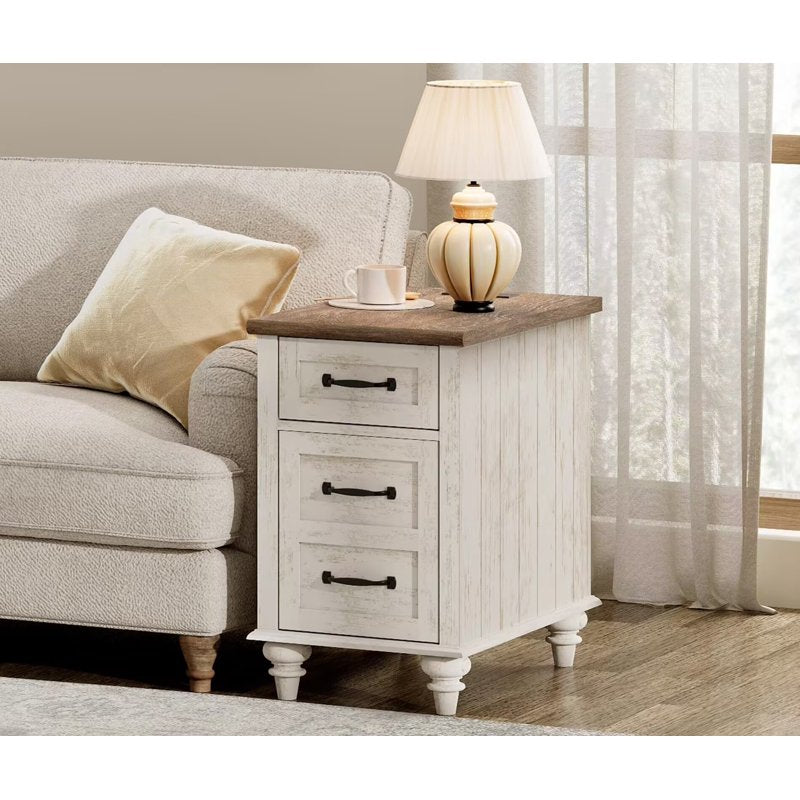 Antique White End Table with Drawer & Charging Station
