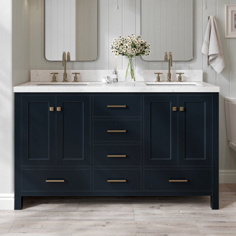ARIEL Cambridge 60 Inch Midnight Blue Double Bathroom Vanity with Solid Wood Frame and White Quartz Top