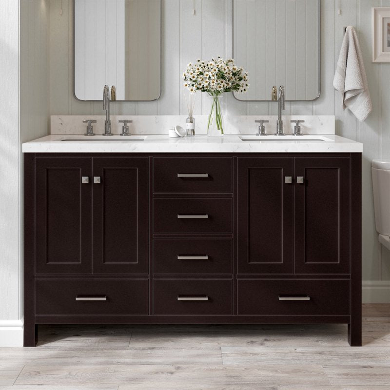 ARIEL Cambridge 60 Inch Espresso Bathroom Vanity Double Sink Solid Wood Quartz Countertop