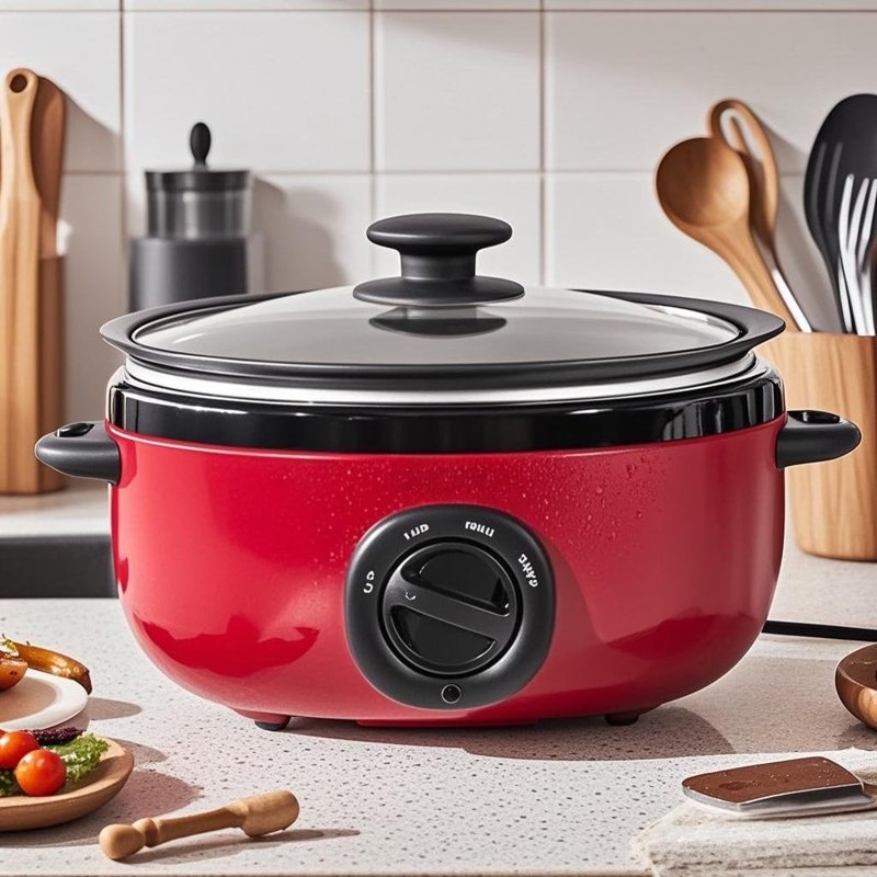 6.5 Quart Slow Cooker with Glass Lid & Adjustable Temperature Control - Red