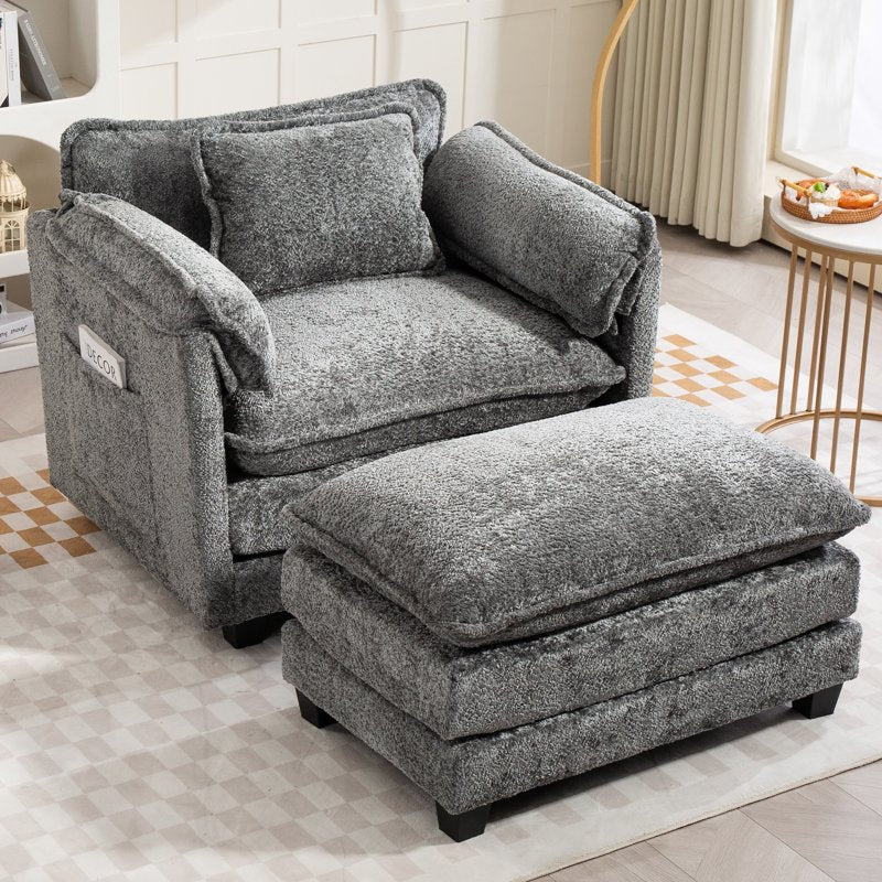 Boucle Accent Chair with Ottoman - Cozy Upholstered Lounge Chair