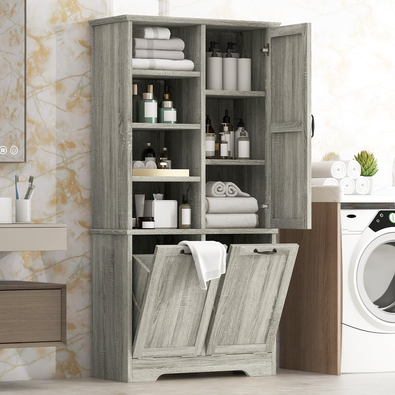 Oak Tall Storage Cabinet with 2 Tilt-Out Laundry Baskets - Freestanding Organizer