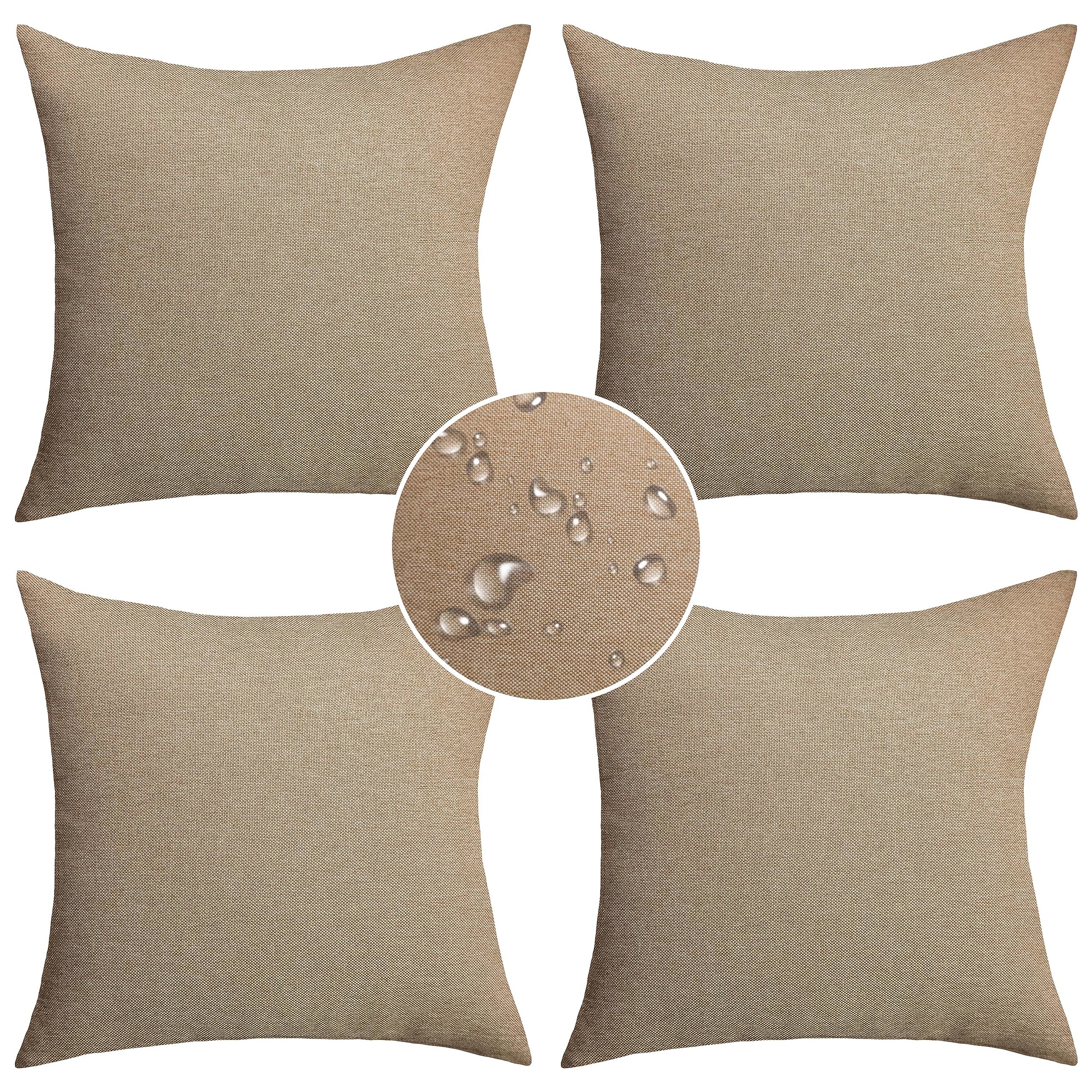 Demetex Outdoor Linen Pillow Covers 18x18 Waterproof Square Throw Pillow Covers Farmhouse Pillow Cases for Balcony Porch Patio, Set of 4, 18 x 18 Inch, Linen