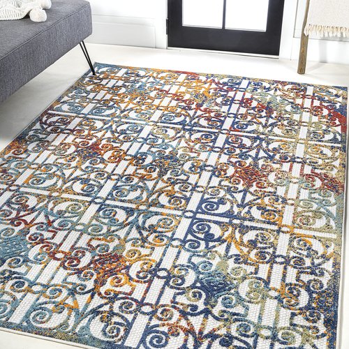 JONATHAN Y Ornate Trellis Indoor Outdoor Area Rug 5X8 Cream/Blue/Orange, Cetara for Backyard, Patio, Porch, Easy-Cleaning, High Traffic, Pet-Friendly, Non-Shedding (AMC111A-5)