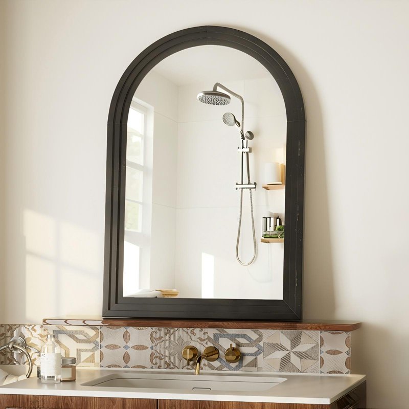 24x36 Inch Arched Wooden Frame Wall Mirror - Black Bathroom & Living Room Decor