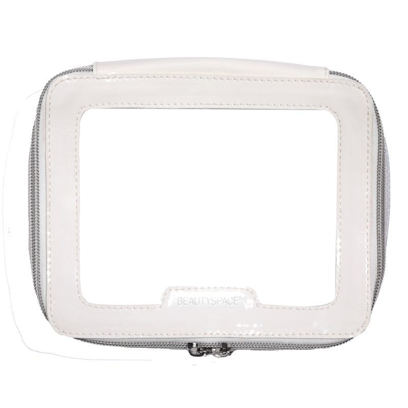 Clear Travel Organizer Bag with White Piping for Cosmetics and Toiletries