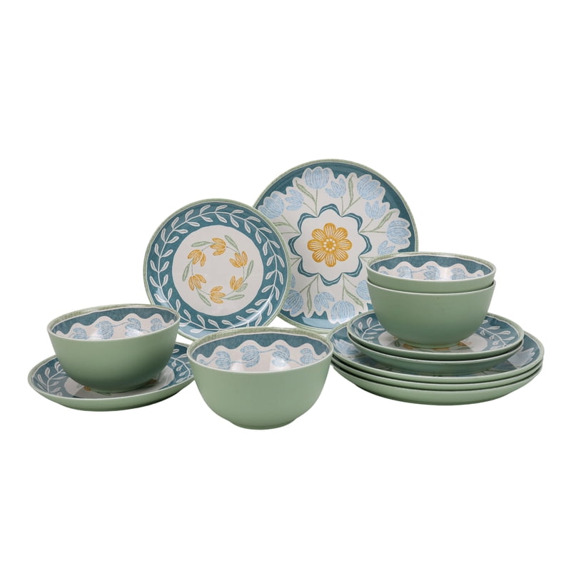 12-Piece Floral Reusable Bamboo Melamine Dinnerware Set - Service for 4