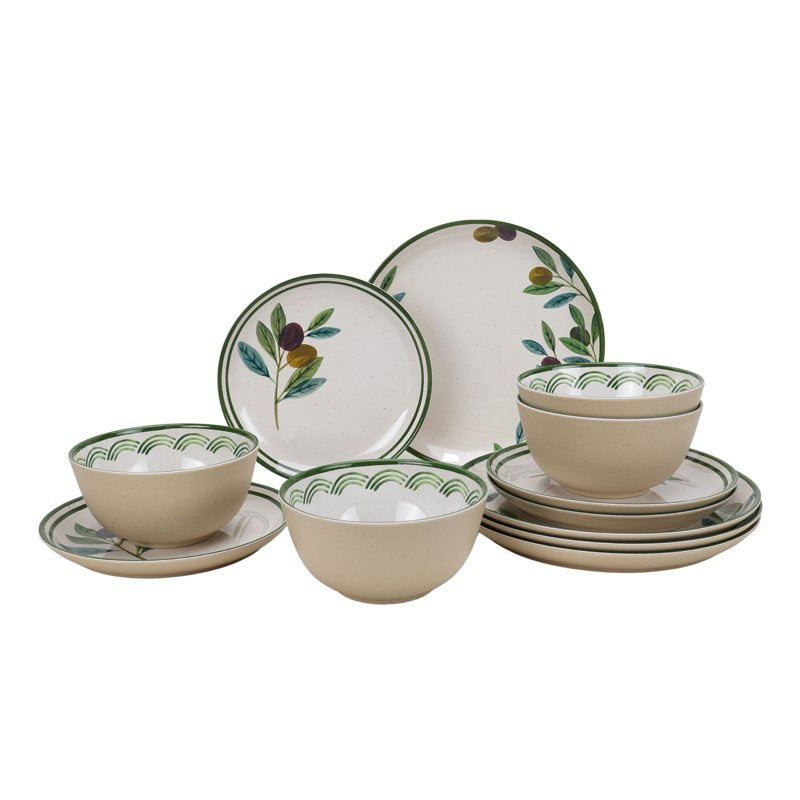 12-Piece Bamboo Melamine Tableware Set - Olive for 4