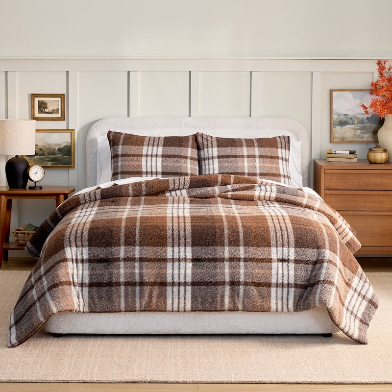 King Brown Plaid Cozy Knit Comforter Set - Plush Microfiber Bedding