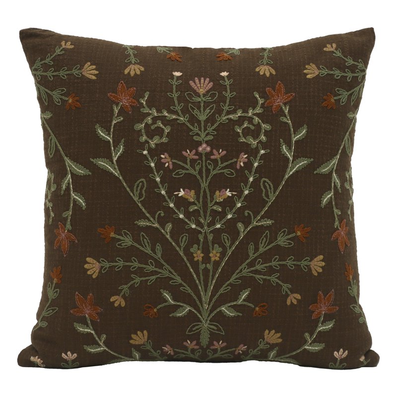 Brown Floral Embroidery Decorative Throw Pillow 20x20 for Indoor Use