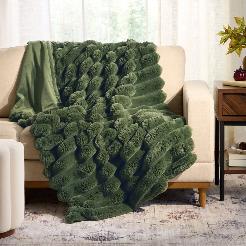 Reversible Faux Fur & Micromink Throw Blanket - Channel Cypress Tree Pattern, 50x72 in - Violet Gem