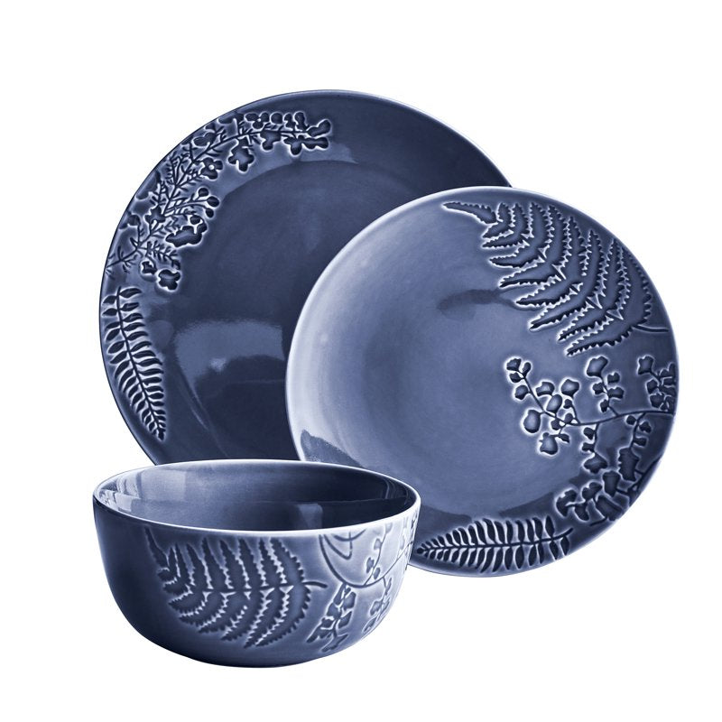 12-Piece Blue Stoneware Dinnerware Set with Botanical Detail