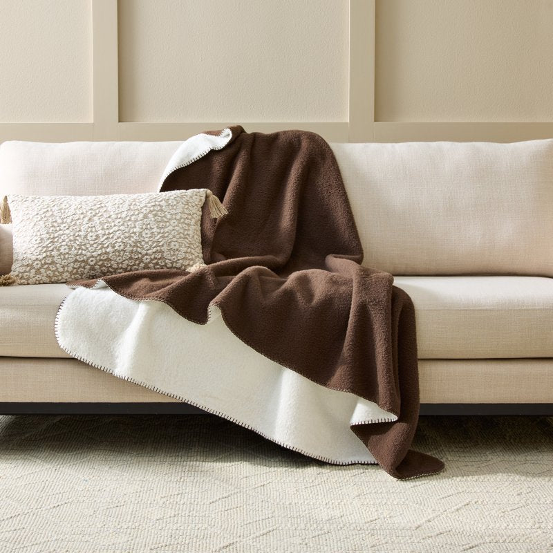 Brown Basket Faux Wool & Faux Fur Throw Blanket - 50 x 72 Inches - Reversible