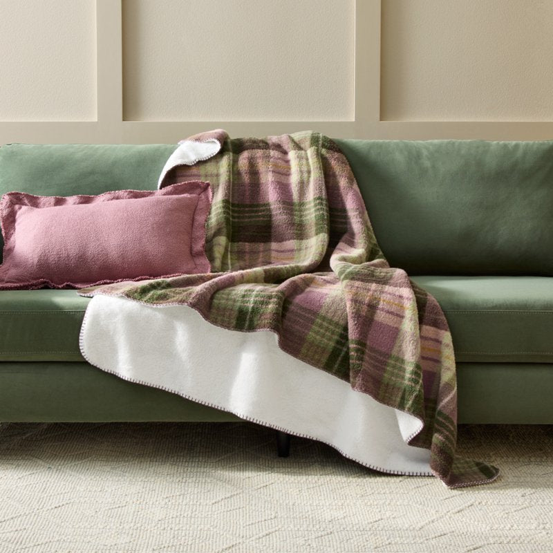 Violet Gem Plaid Faux Wool & Faux Fur Throw Blanket - 50x72 Inches, Reversible Cozy Decor