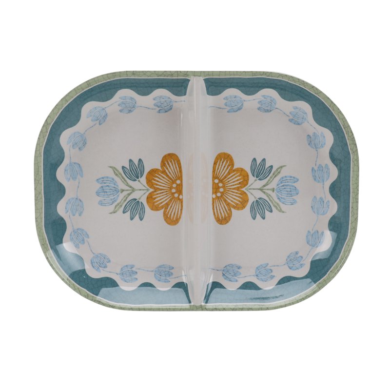 Floral Divided Serving Tray - Reusable Bamboo Melamine 13.35" x 10"