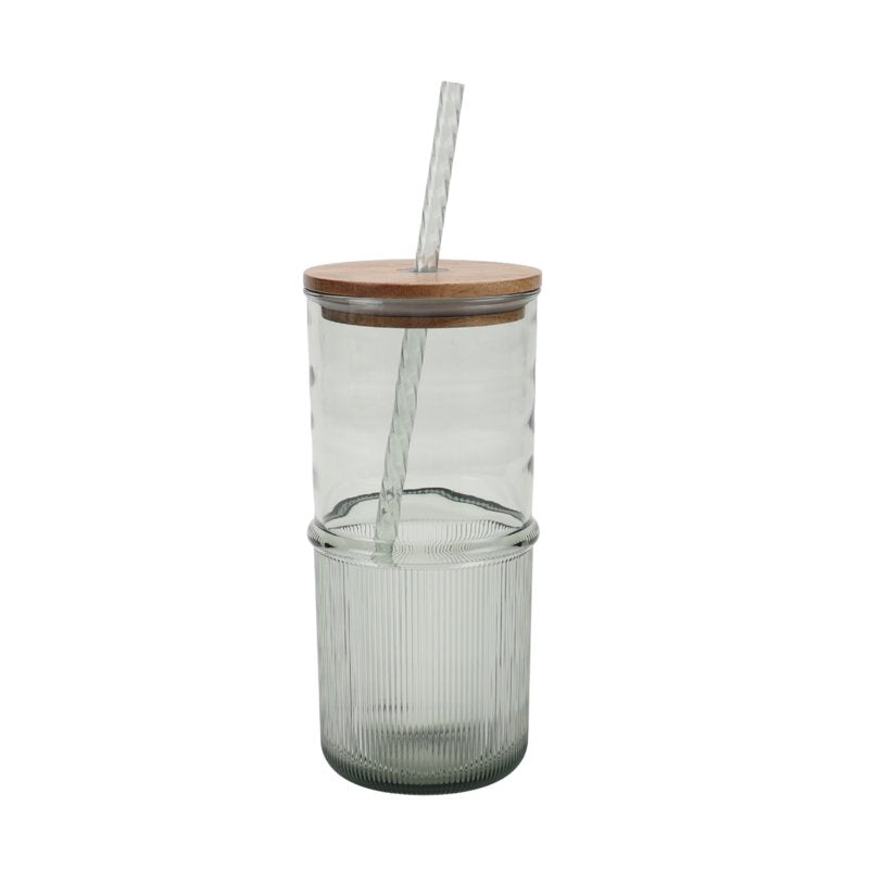 22-Ounce Green Ribbed Tritan Sipper Tumbler with Straw & Wood Lid
