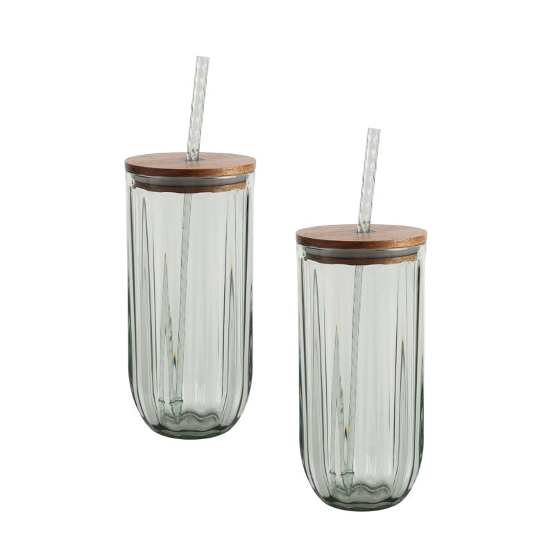 Green Ribbed Tritan Sipper Tumbler Set with Acacia Wood Lids - 2-Piece