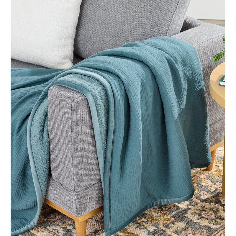 Oversized Reversible Gauze and Cozy Knit Throw Blanket - Nimbus Blue