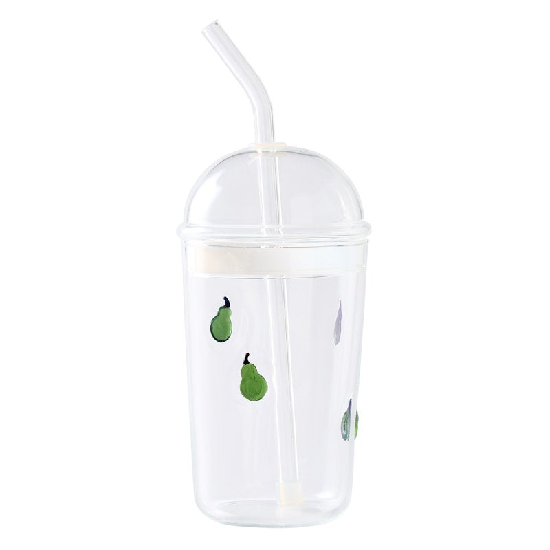 Glass Sipper with Pear Icon and Lid - 16 Ounce Capacity