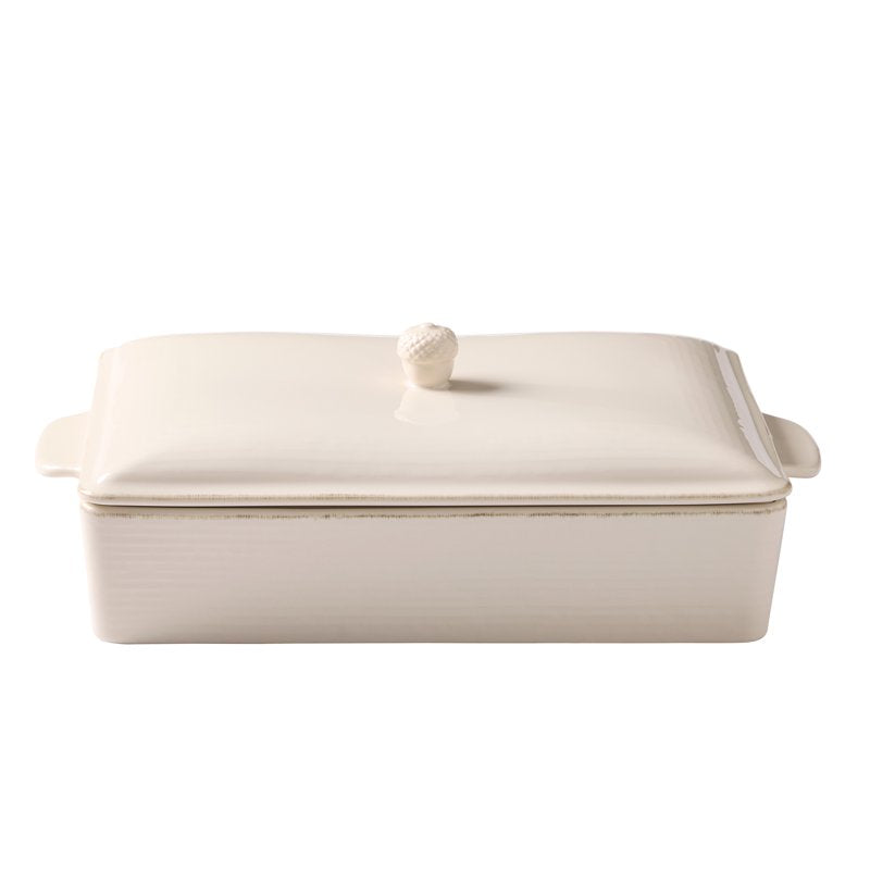 Cream Stoneware Roasting Pan with Lid - 15.5 x 9.3 Inches