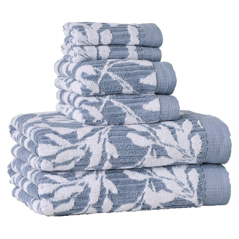 Soft Floral Towel Set - 6 Piece Blue Silver & Arctic White Bath Towels