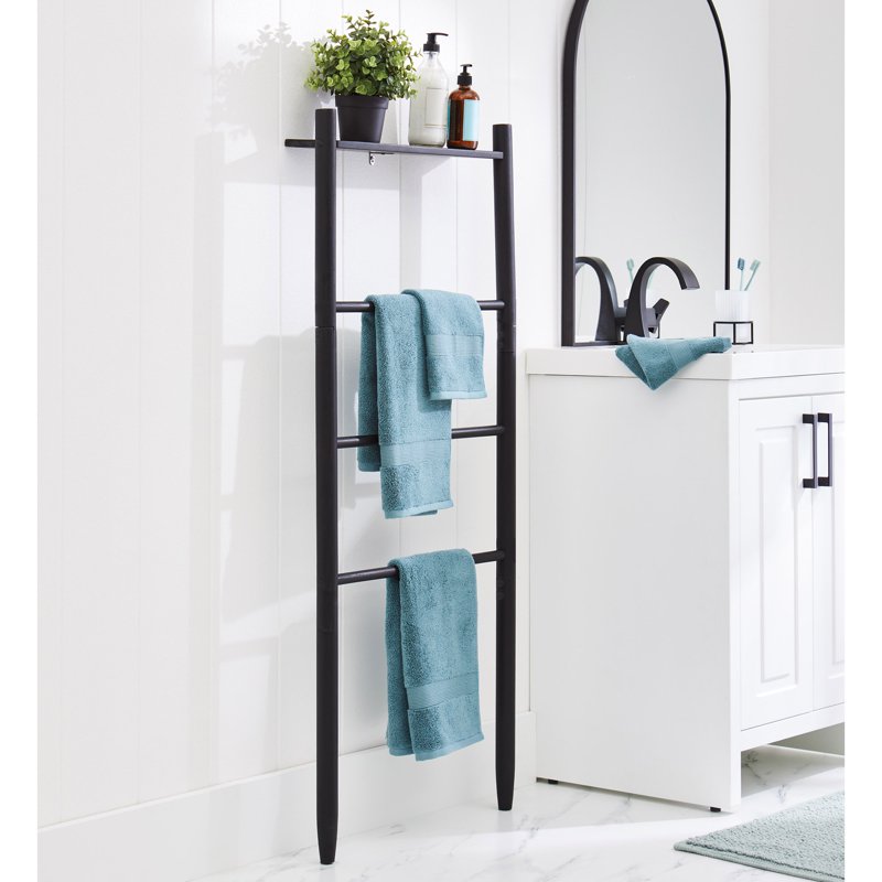 Black Freestanding Acacia Wood Towel Ladder with 4 Tiers - Space Saving Bathroom Storage