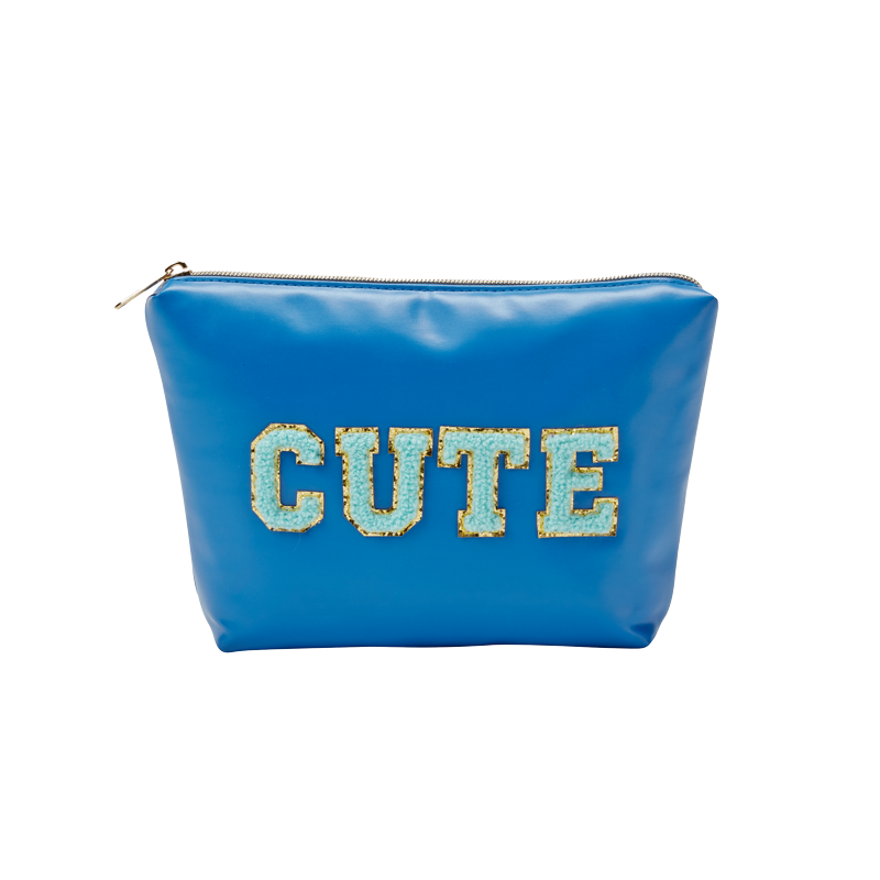 Blue PVC Clutch Pouch with Gold-Tone Accents and CUTE Lettering