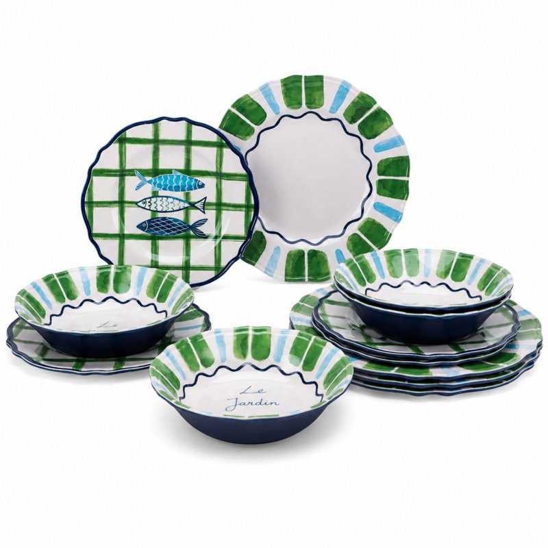 12-Piece Bamboo Melamine Dinnerware Set - Multi-Color Sardine Pattern