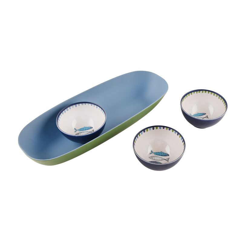 Bamboo Melamine Oval Serve Platter with Sardine Pattern - Multi-Color