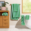 Bath Towel Set 6-Piece Cotton Towels with Stripe Hem - Green