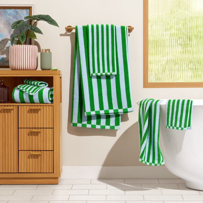 Bath Towel Set 6-Piece Cotton Towels with Stripe Hem - Green