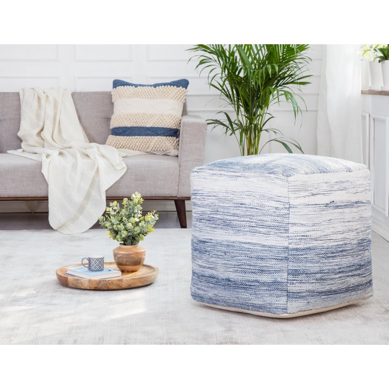 20-Inch Blue and Ivory Pouf Ottoman - Handcrafted Floor Seat & Accent