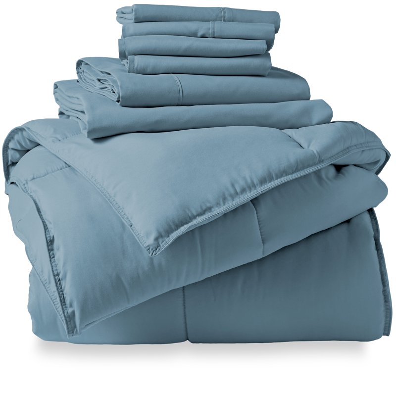 King Microfiber Bed in a Bag - Coronet Blue and Light Gray, 7-Piece Bedding Set with Sheets & Pillowcases - Bare Home